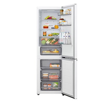 Frigorífico combinado LG (gbbsj10esw) com porta totalmente aberta a mostrar os compartimentos do frigorífico e do congelador