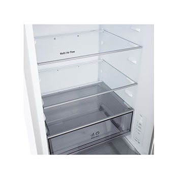 Grande plano do frigorífico combinado LG (gbbsj10esw) com garrafeira para quatro garrafas e caixa de macarons, com o design da garrafeira ampliado numa imagem circular.