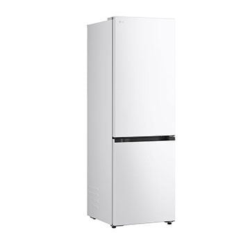 Prateleira do frigorífico combinado LG (gbbsj10esw) destacada a azul com setas para cima e baixo. A imagem à direita mostra prateleira dobrada com duas garrafas de água.