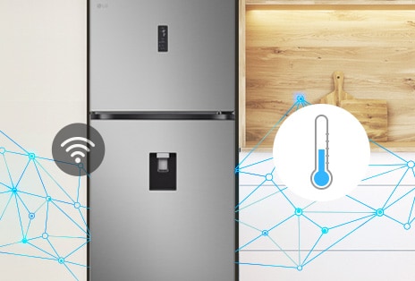 O frigorífico LG com congelador superior utiliza o Smart Fresh Air para analisar padrões de utilização de 3 semanas e otimizar o desempenho de refrigeração.
