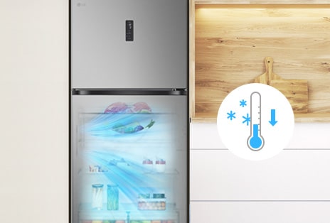 Frigorífico LG com congelador superior e Smart Fresh Air que baixa a temperatura em 1 °C antes de períodos de elevada utilização para aumentar a refrigeração.