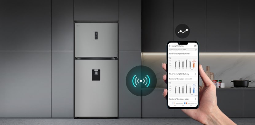 Um frigorífico LG com congelador superior numa cozinha com um grande plano do telemóvel a mostrar estatísticas de utilização fornecidas pela aplicação LG ThinQ.