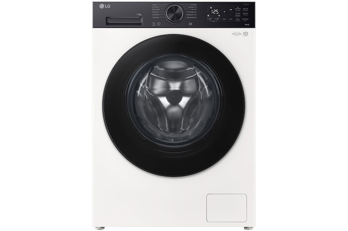 Vista frontal da Máquina de Lavar Roupa LG 11kg branca F4X5511THB com classe energética A-30% , AI DD e dispensador automático