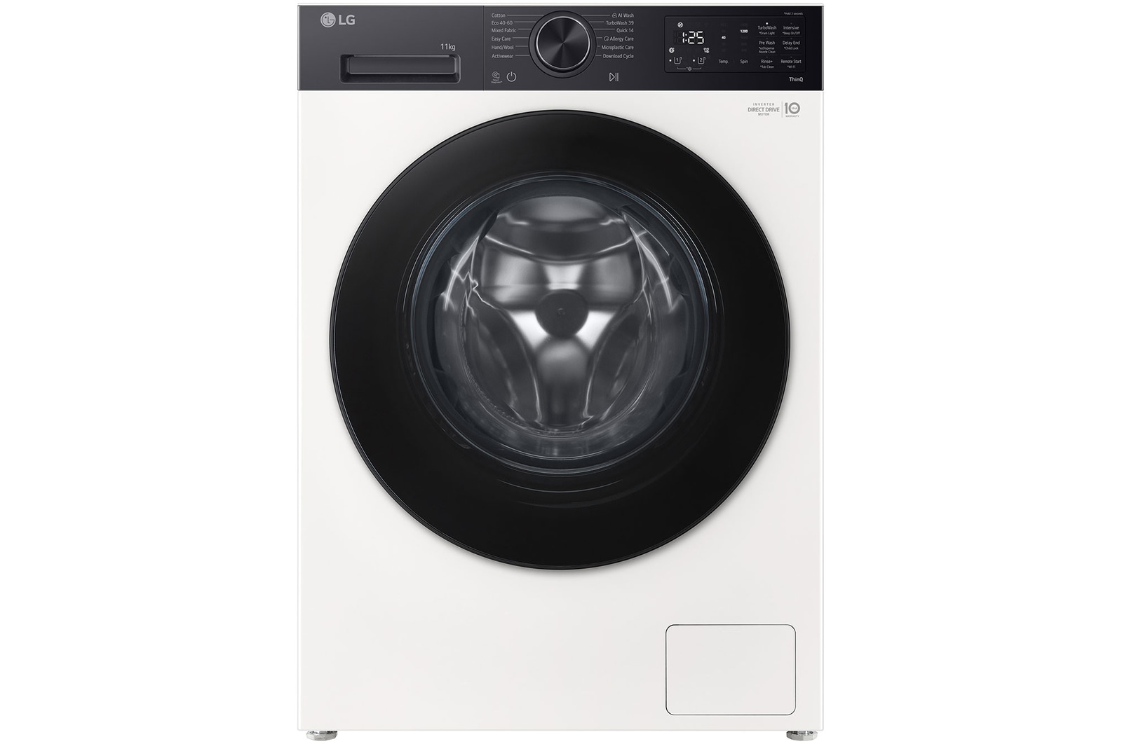 Vista frontal da Máquina de Lavar Roupa LG 11kg branca F4X5511THB com classe energética A-30% , AI DD e dispensador automático
