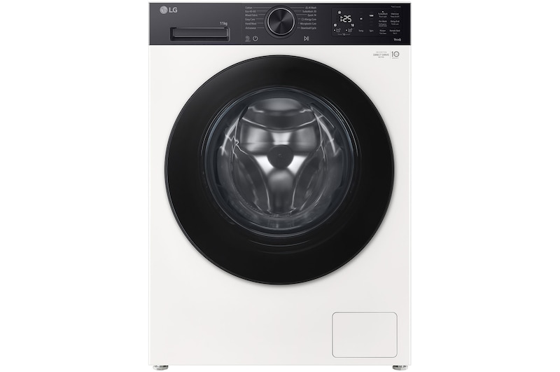 Vista frontal da Máquina de Lavar Roupa LG 11kg branca F4X5511THB com classe energética A-30% , AI DD e dispensador automático