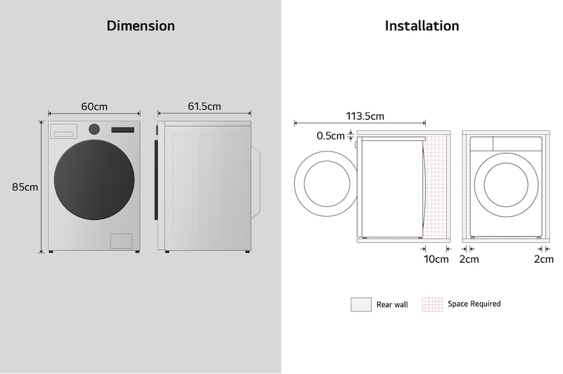 Imagem da dimensão e instalação da máquina de lavar roupa LG
