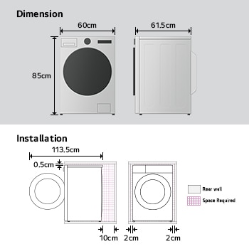 Imagem da dimensão e instalação da máquina de lavar roupa LG