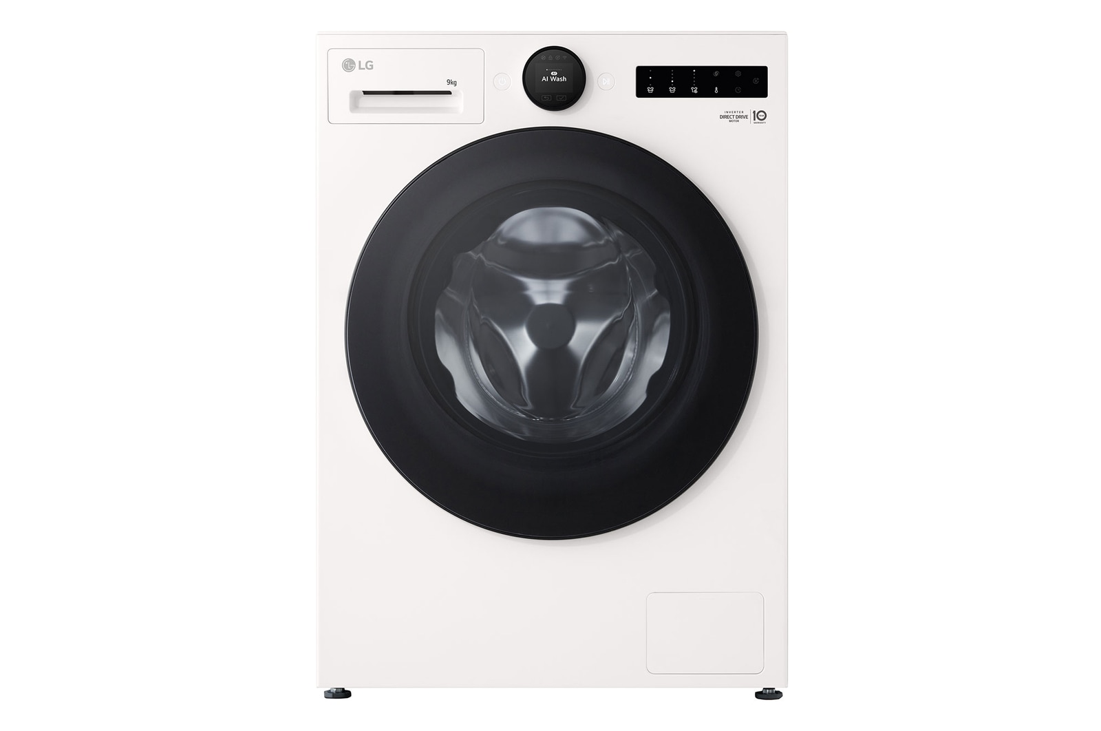 Vista frontal de Máquina de Lavar Roupa LG 9kg branca com AI DD e Classe Energética A-40% F4X7009TWB