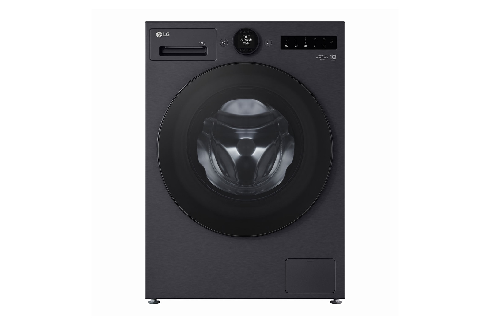 Vista frontal de Máquina de Lavar Roupa LG 11kg preta com AI DD, Classe Energética A-30% e Dispensador Automático de Detergente F4X7511TBB