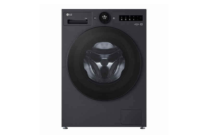 Vista frontal de Máquina de Lavar Roupa LG 11kg preta com AI DD, Classe Energética A-30% e Dispensador Automático de Detergente F4X7511TBB