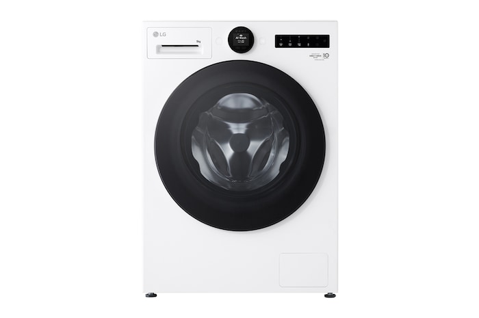 Vista frontal da Máquina de Lavar Roupa LG 9kg branca F4X9009TWCE com classe energética A-60% , AI DD e dispensador automático