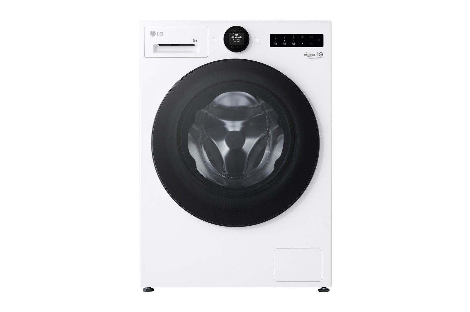Vista frontal da Máquina de Lavar Roupa LG 9kg branca F4X9009TWCE com classe energética A-60% , AI DD e dispensador automático