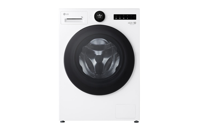 Vista frontal da Máquina de Lavar Roupa LG 9kg branca F4X9009TWCE com classe energética A-60% , AI DD e dispensador automático