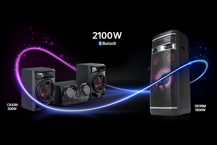 À esquerda está uma imagem diagonal do LG XBOOM CK43N e à direita está uma imagem diagonal da OK99M. Um gráfico néon liga os dois produtos e juntos produzem 2100 watts de som.