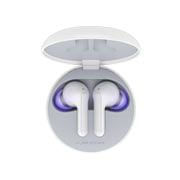Vista superior da base aberta e dois auriculares no interior com luz UV acesa
