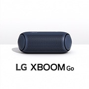 Vista frontal da XBOOM Go da LG com luz roxa.