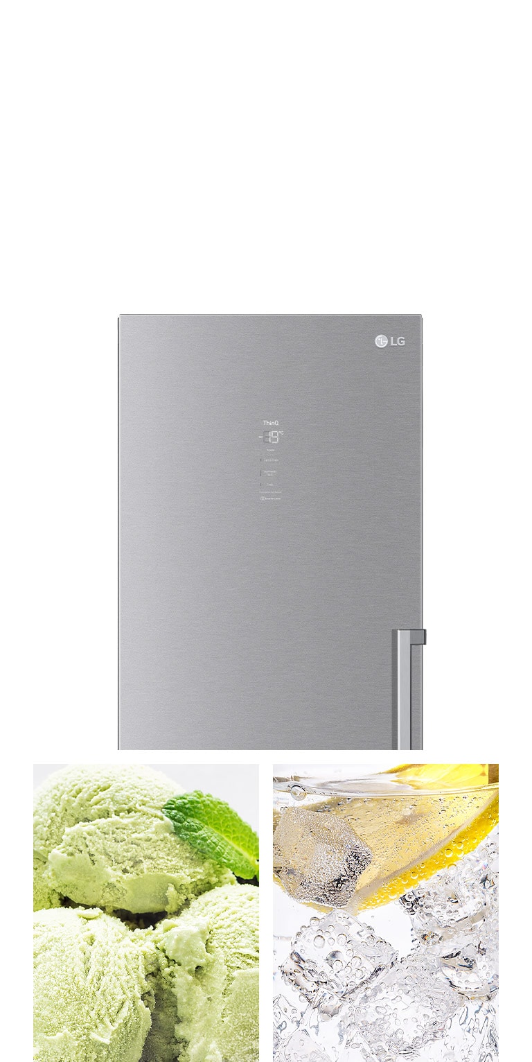 Uma imagem mostra um gelado verde e outra com gelo num copo com água de limão estão por baixo de uma terceira em que o destaque vai para a função "Express Freeze".