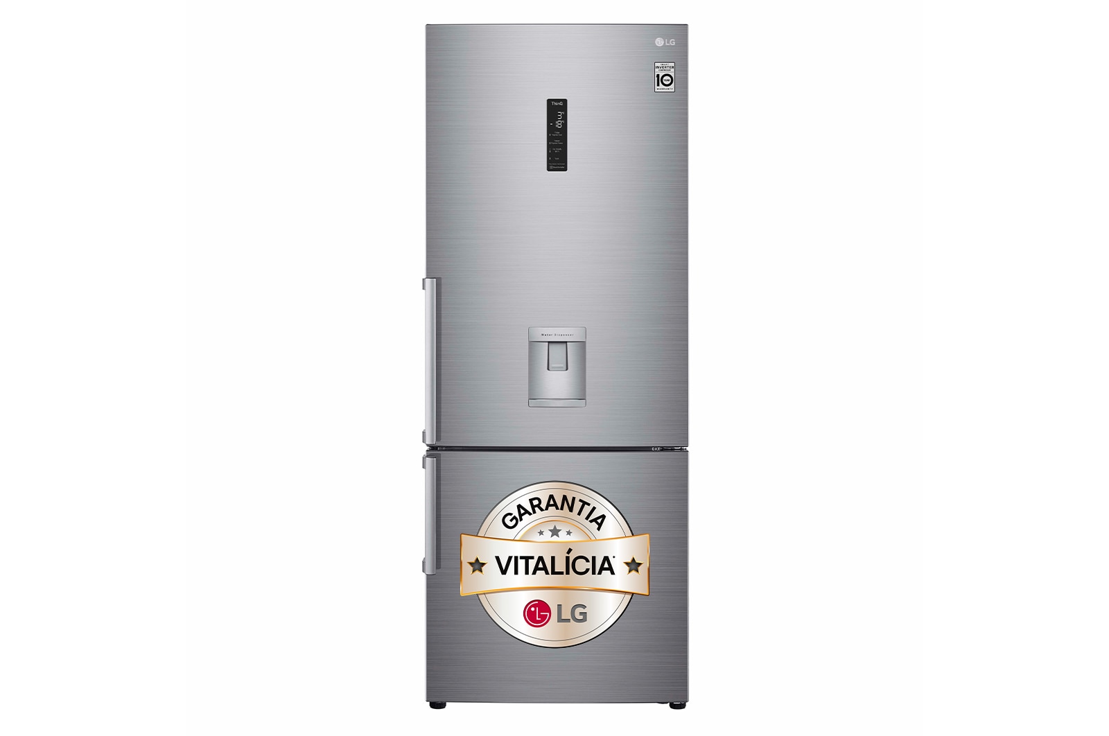 Vista frontal de Frigorífico Combinado LG prata 461l com eficiência energética E, dispensador de água sem canalização e DoorCooling+™ GBF567PZCMB