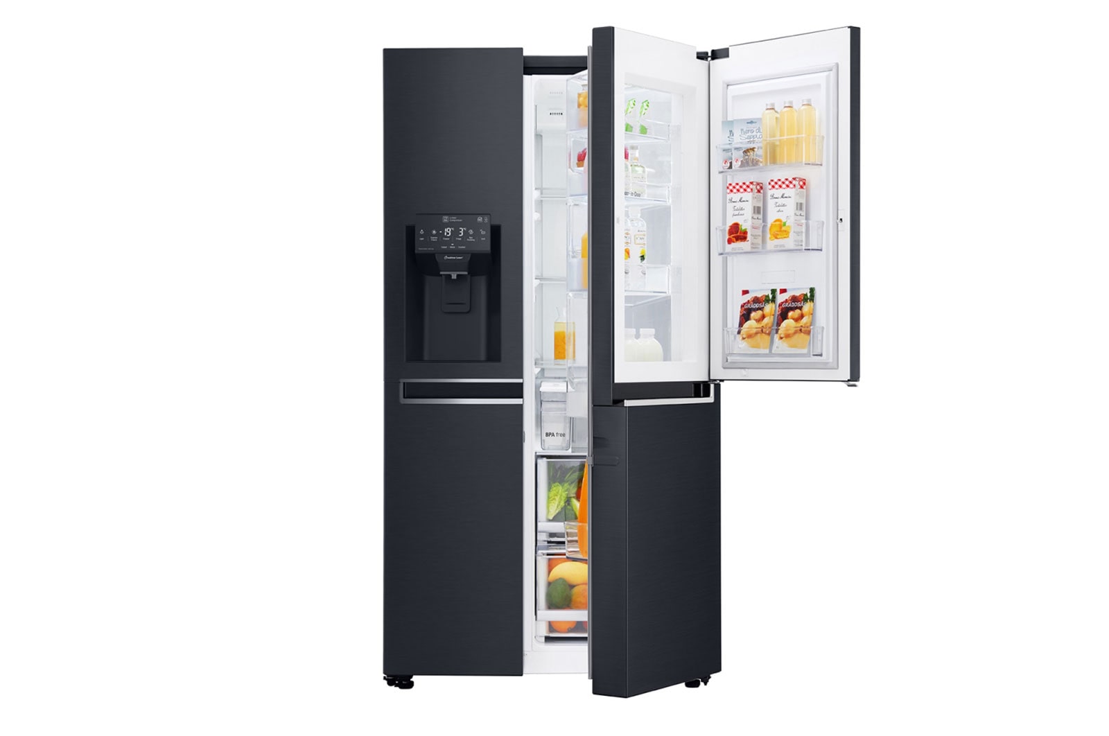 Vista frontal de Frigorífico Americano LG GSJ761MCUZ, 625 litros, eficiência energética F, Door in Door™, dispensador sem canalização, Matte Black GSJ761MCUZ