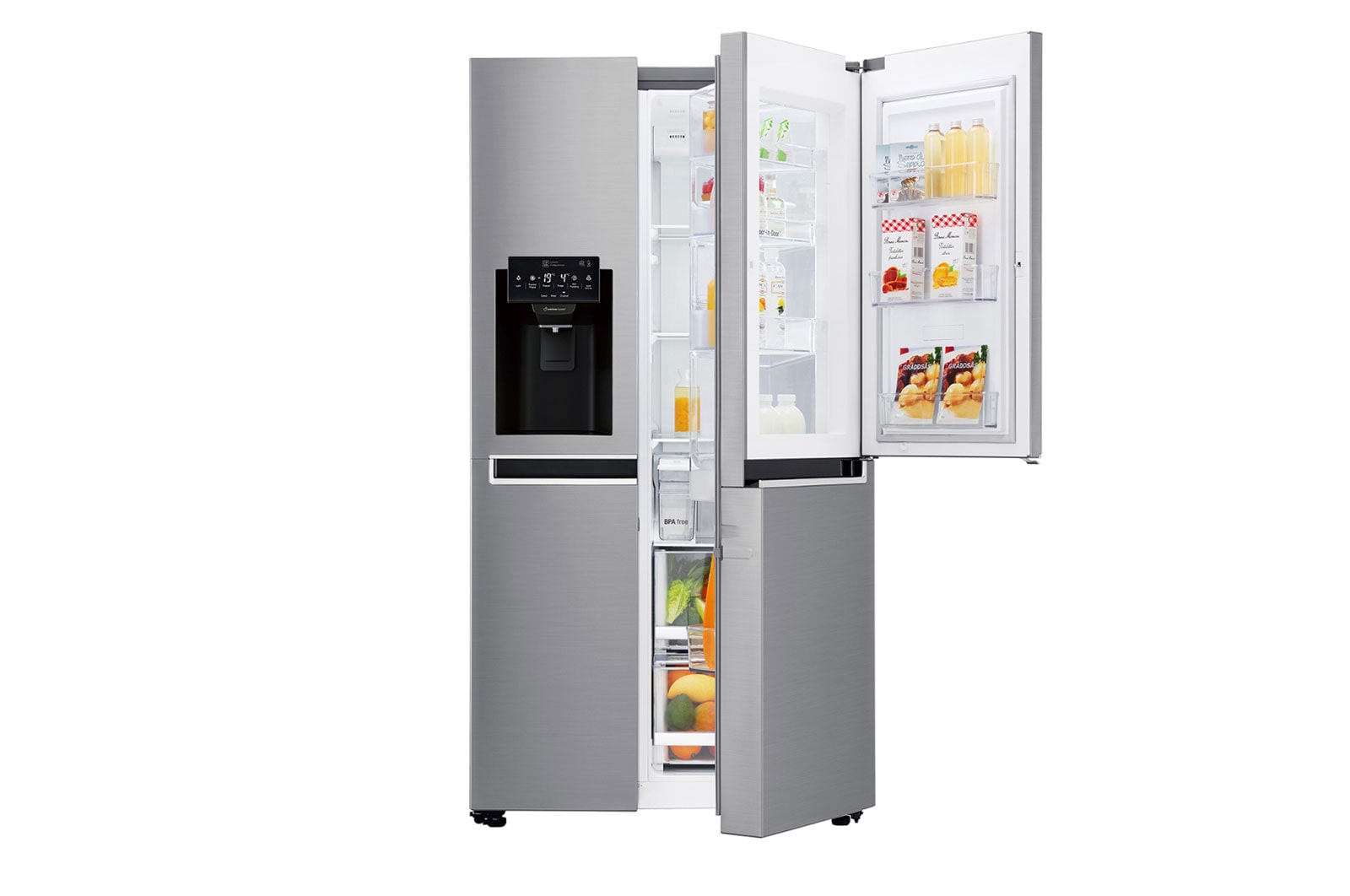 Vista frontal de Frigorífico Americano LG GSJ761PZZZ, 625 litros, eficiência energética F, Door in Door™, dispensador sem canalização, Shiny Steel GSJ761PZZZ