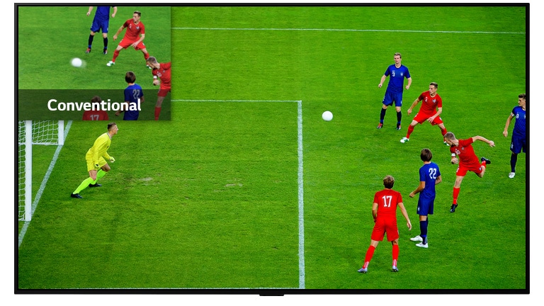 Ecrã de TV imagem na imagem comparando a qualidade dos píxeis de LCD/LED versus TV OLED com um jogo de futebol a decorrer