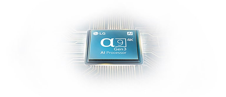 Chip do processador Alpha 9 Gen3 AI em destaque com gráficos azuis num fundo branco