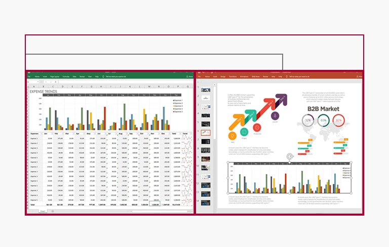 Imagem da apresentação de folhas de dados e diapositivos lado a lado no ecrã Full HD UltraWide 21:9, ao passo que o ecrã Full HD 16:9 não o permite devido à falta de espaço.