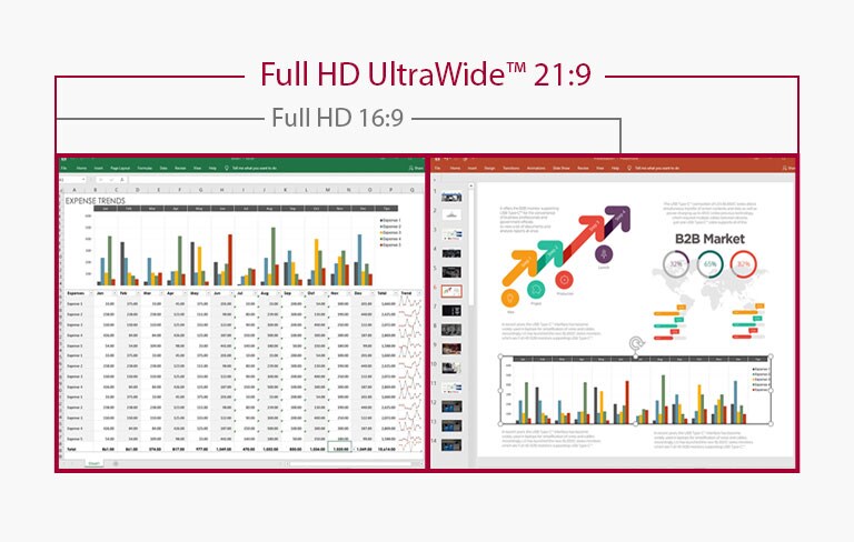 Imagem da apresentação de folhas de dados e diapositivos lado a lado no ecrã Full HD UltraWide 21:9, ao passo que o ecrã Full HD 16:9 não o permite devido à falta de espaço.