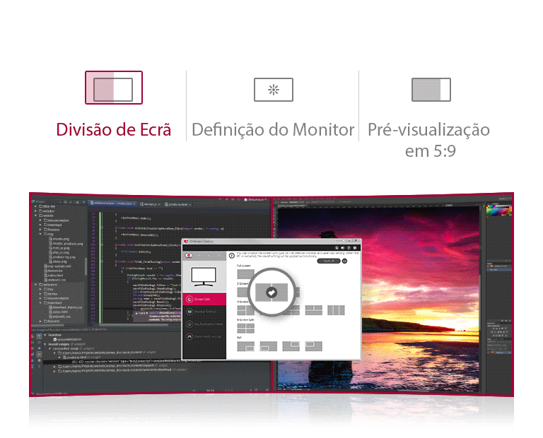 OnScreen Control - Divisão de ecrã | Configuração do monitor | Pré-visualização em 5:9