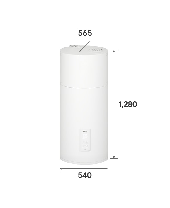 O exterior da bomba de calor para aquecimento de água da LG (WH10ESF0.FA) com as dimensões indicadas. Mede 540 mm × 1280 mm × 565 mm.