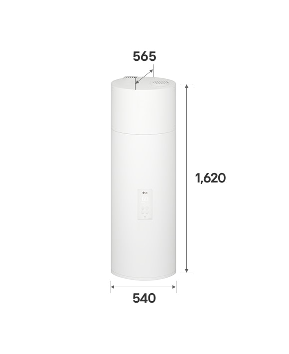 O exterior da bomba de calor para aquecimento de água da LG (WH15ESF0.FA) com as dimensões indicadas. Mede 540 mm × 1620 mm × 565 mm.