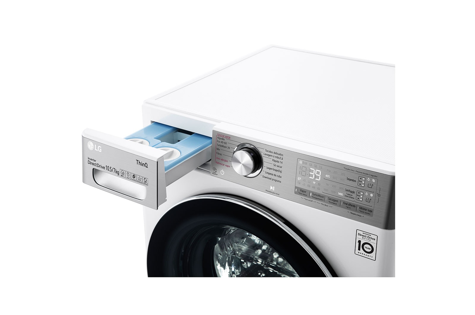 LG Máquina de lavar e secar roupa LG F4DV9510P2W, 10,5/7 kg, eficiência energética A/E, 1400 r.p.m., AI DD™, Steam+™, TurboWash360™, ezDispense™, EcoHybrid™, branco, F4DV9510P2W