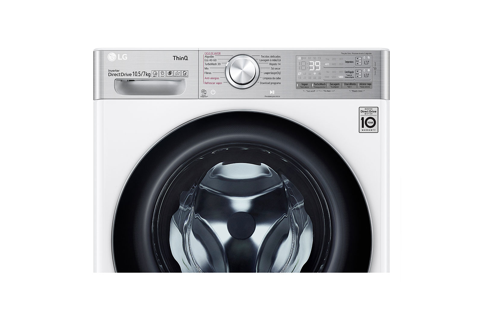 LG Máquina de lavar e secar roupa LG F4DV9510P2W, 10,5/7 kg, eficiência energética A/E, 1400 r.p.m., AI DD™, Steam+™, TurboWash360™, ezDispense™, EcoHybrid™, branco, F4DV9510P2W