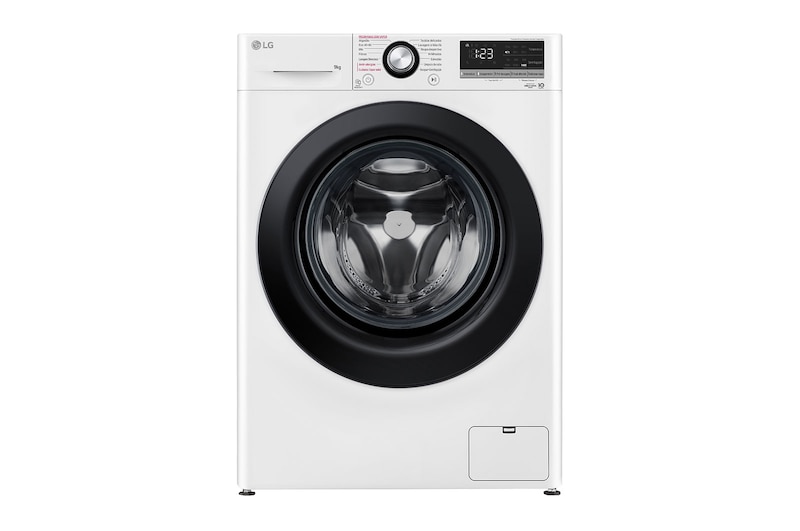 Vista frontal de Máquina de lavar roupa LG F4WV3009S6W, 9 kg, eficiência energética B, 1400 r.p.m., AI DD™, Steam™, branco F4WV3009S6W