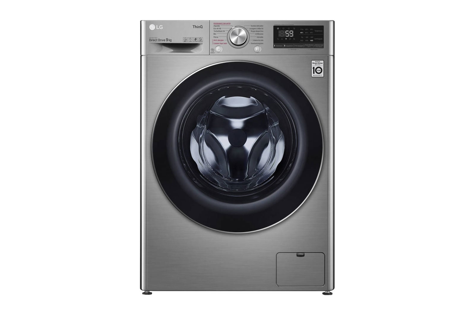 Vista frontal de Máquina de lavar roupa LG F4WV5009S2S, 9 kg, eficiência energética B, 1400 r.p.m., AI DD™, Steam™, TurboWash™, inox F4WV5009S2S