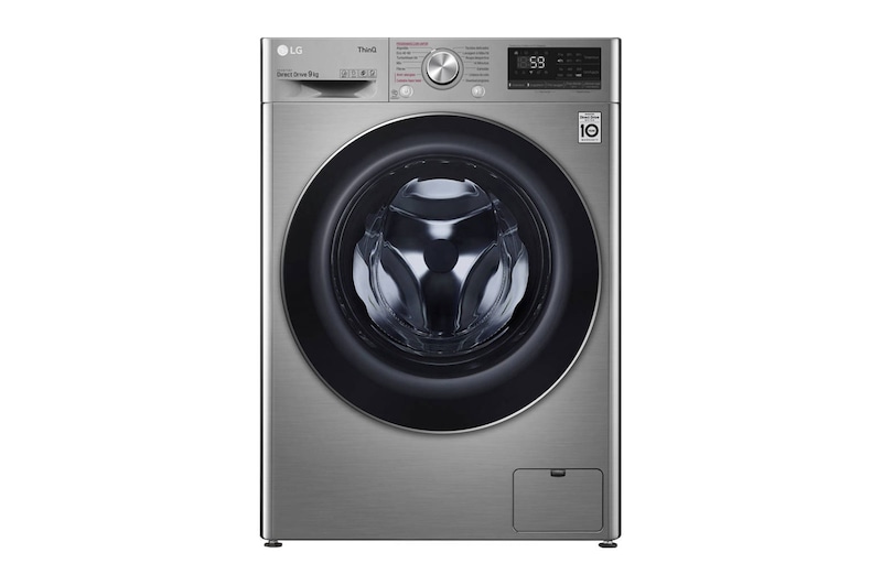 Vista frontal de Máquina de lavar roupa LG F4WV5009S2S, 9 kg, eficiência energética B, 1400 r.p.m., AI DD™, Steam™, TurboWash™, inox F4WV5009S2S
