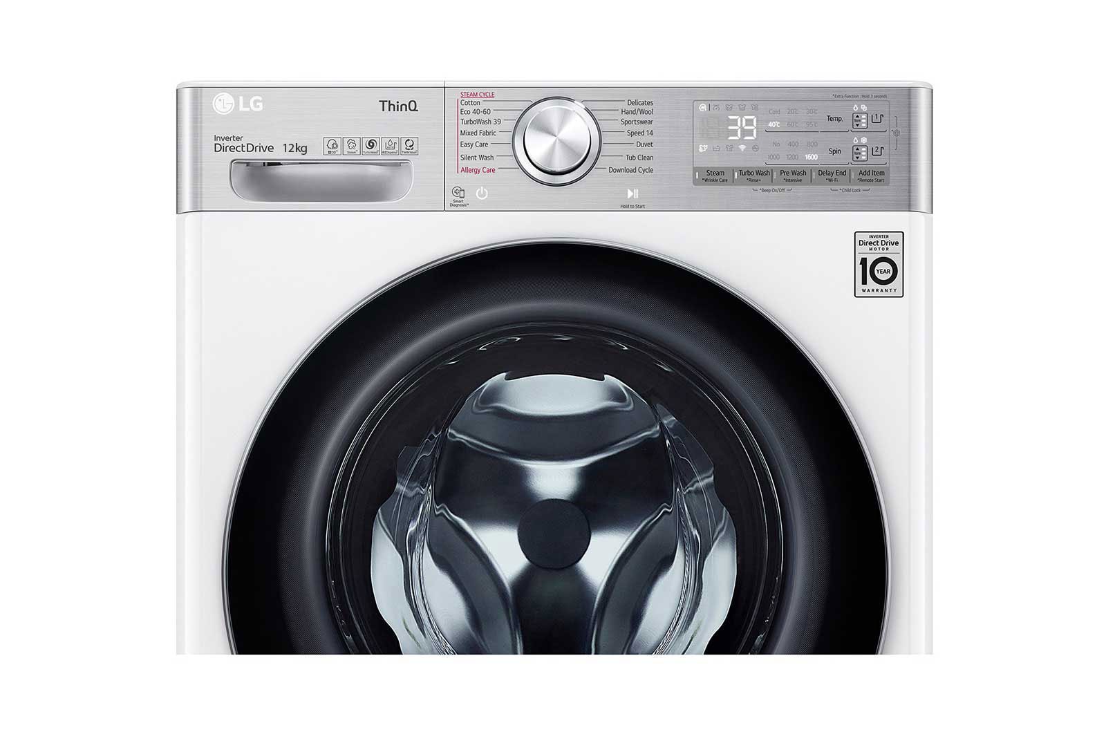 LG Máquina de lavar roupa LG F4WV9512P2W, 12 kg, eficiência energética A, 1400 r.p.m., AI DD™, Steam+™, TurboWash360™, ezDispense™, branco, F4WV9512P2W