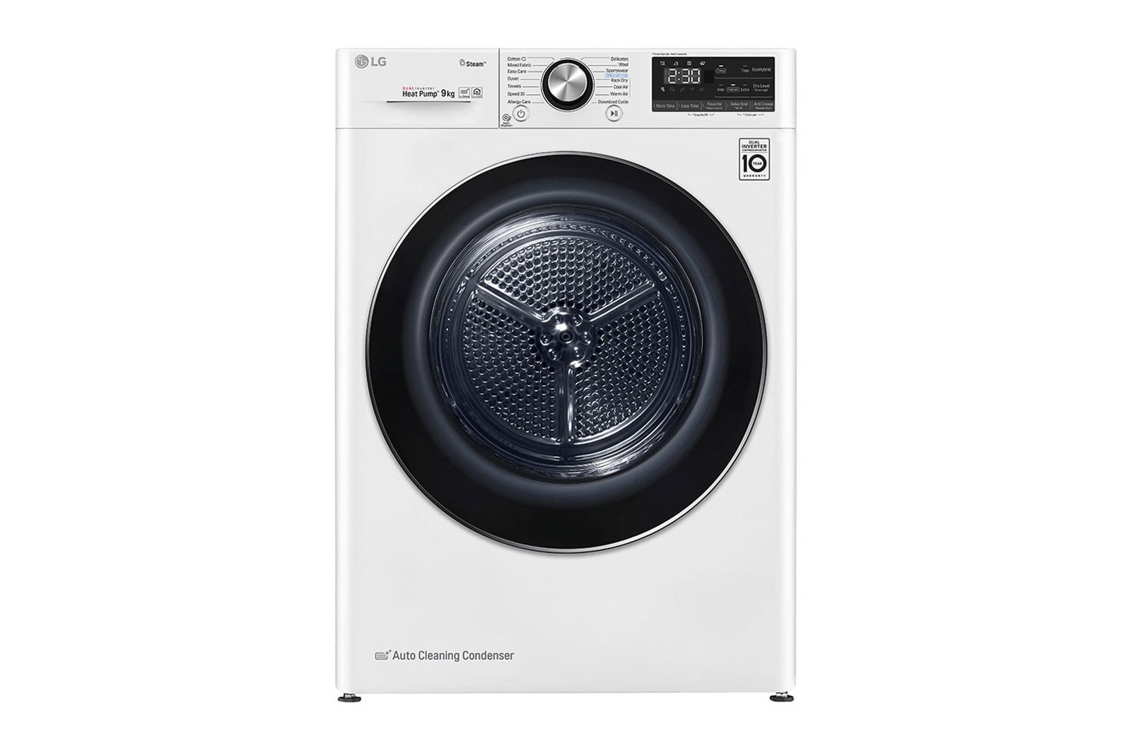Vista frontal de Máquina de secar roupa LG RC90V9AV2W, 9 kg, Dual Inverter Heat Pump™, eficiência energética A&#43;&#43;&#43; (-10%), EcoHybrid™, limpeza automática do condensador, branco RC90V9AV2W