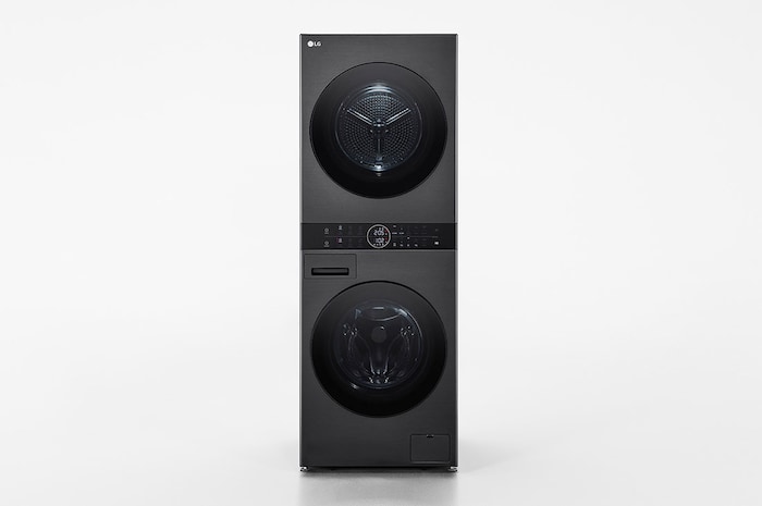 Vista frontal de Máquina de Lavar e Secar LG WashTower, 12 kg de lavar e 10 kg de secar, eficiência energética A-10% e A+++, AIDD™, Steam™, TurboWash™, Dual Inverter Heat Pump™, EcoHybrid™, limpeza automática do condensador, preto, WT1210BBF