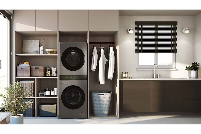 LG Máquina de Lavar e Secar LG WashTower, 12 kg de lavar e 10 kg de secar, eficiência energética A-10% e C, AIDD™, Steam™, TurboWash™, Dual Inverter Heat Pump™, EcoHybrid™, limpeza automática do condensador, preto, WT1210BBF