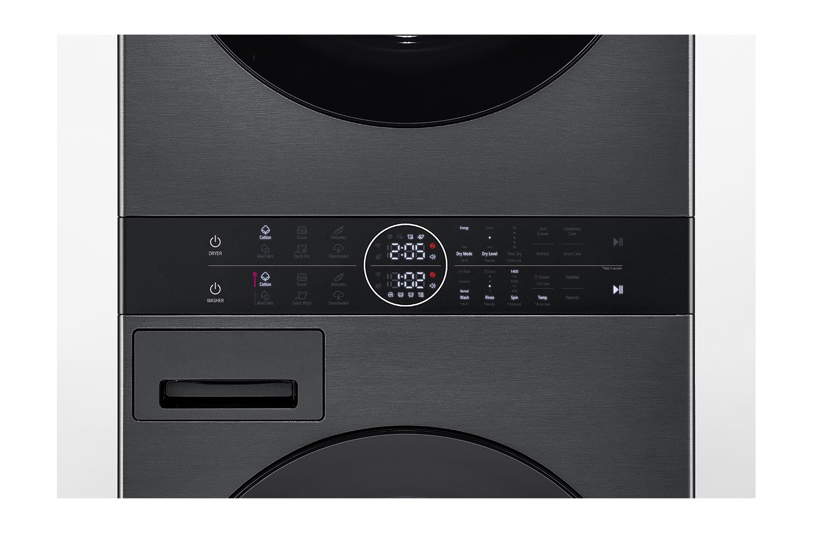 LG Máquina de Lavar e Secar LG WashTower, 12 kg de lavar e 10 kg de secar, eficiência energética A-10% e A+++,  AIDD™, Steam™, TurboWash™, Dual Inverter Heat Pump™, EcoHybrid™, limpeza automática do condensador, preto, WT1210BBF