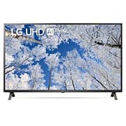 Vista frontal da TV UHD da LG com imagem infill e logótipo do produto