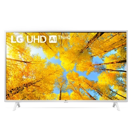 Vista frontal da TV UHD da LG com imagem infill e logótipo do produto