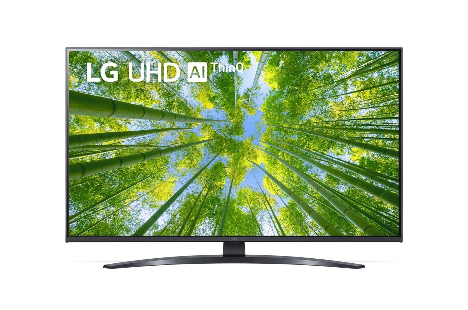 Vista frontal da TV UHD da LG com imagem infill e logótipo do produto