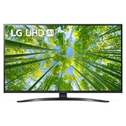 Vista frontal da TV UHD da LG com imagem infill e logótipo do produto