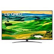 Vista frontal da TV LG QNED com imagem infill e logótipo do produto