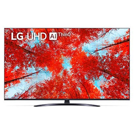 Vista frontal da TV UHD da LG com imagem infill e logótipo do produto