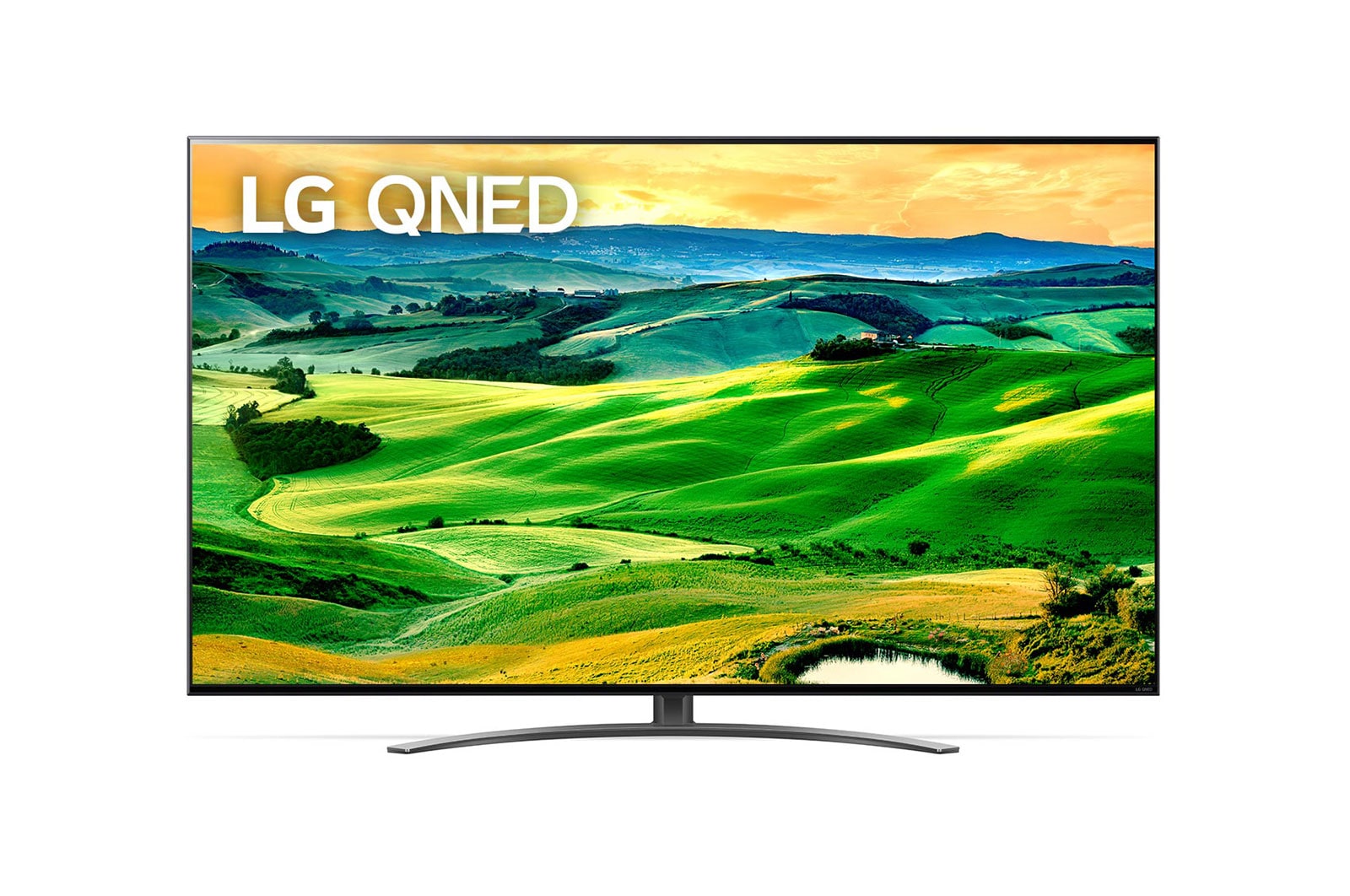 Vista frontal da TV LG QNED com imagem infill e logótipo do produto