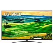 Vista frontal da TV LG QNED com imagem infill e logótipo do produto