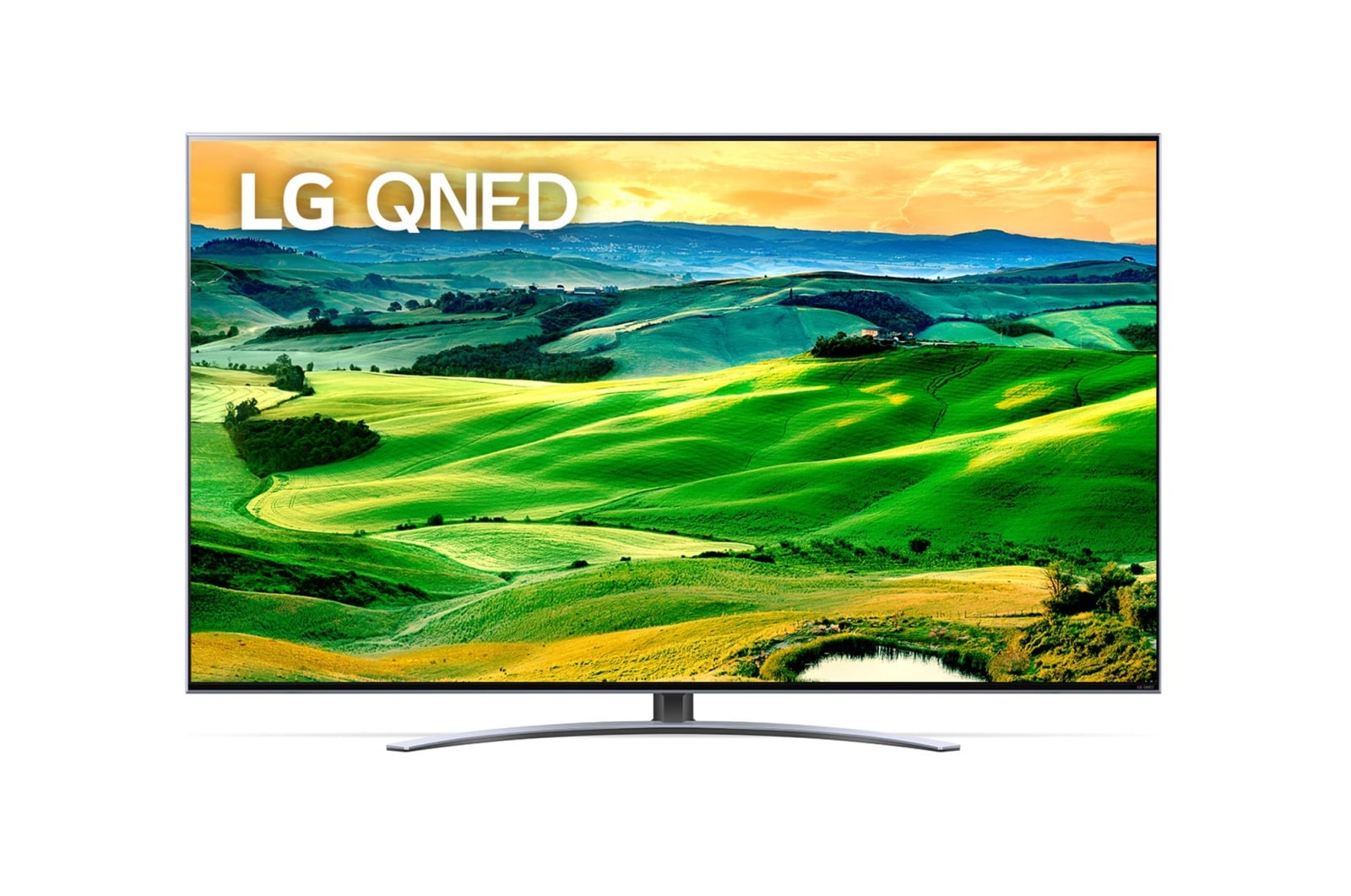 Vista frontal da TV LG QNED com imagem infill e logótipo do produto
